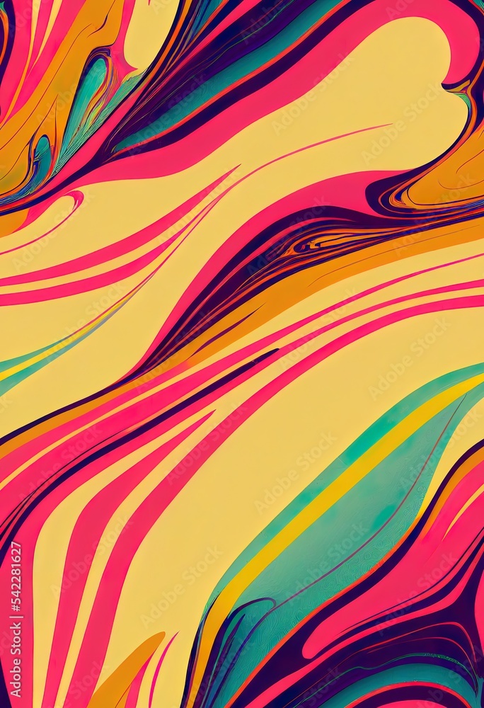 Psychedelic swirl seamless pattern. 60s 70s style liquid groovy background. Colorful marbled texture