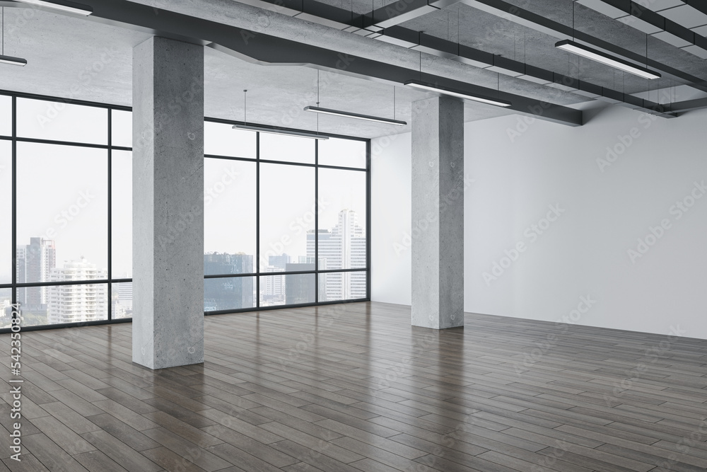 Clean spacious concrete and wooden gallery interior with panoramic windows and city view. 3D Renderi