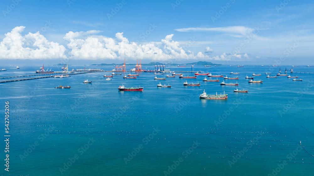 Oil Crude Gas Tanker Ship, Cargo container Ship offshore mooring at Ocean Bay Petroleum Chemical exp