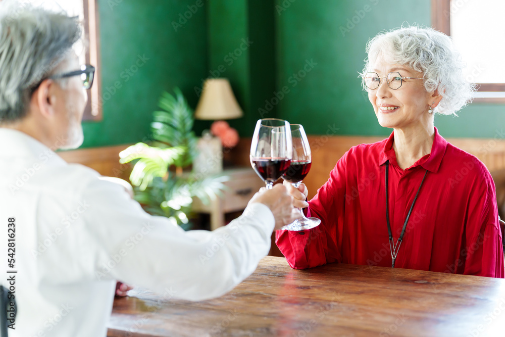 ワインで乾杯をするシニアカップル