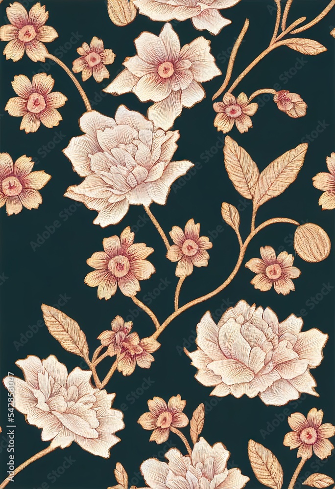 Fantasy flowers in retro, vintage, jacobean embroidery style. Seamless pattern, background. 2d illus