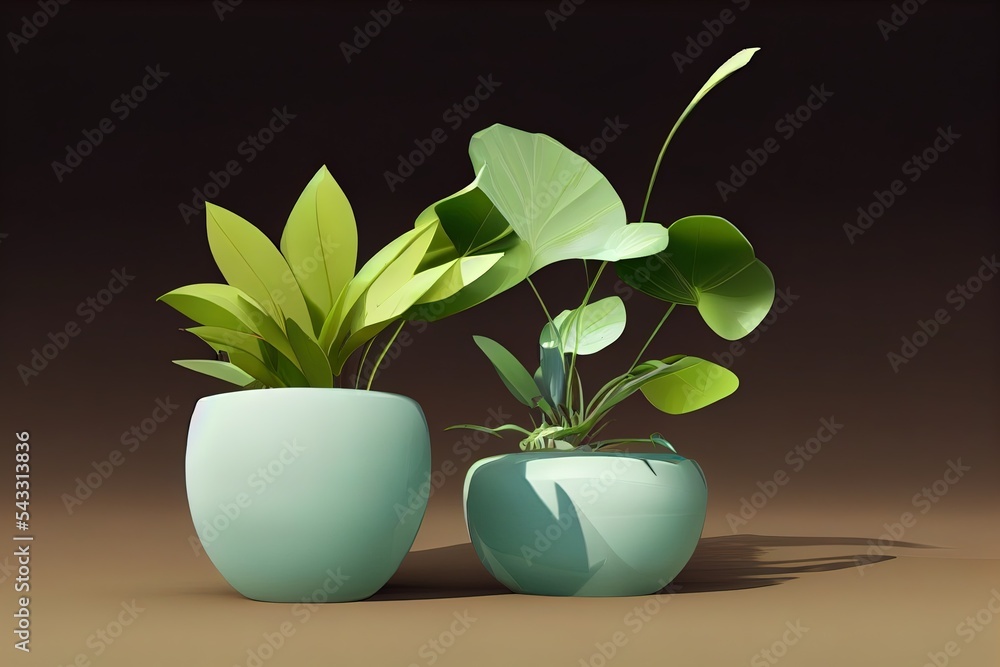 3D抽屉与花盆中的小植物3D插图