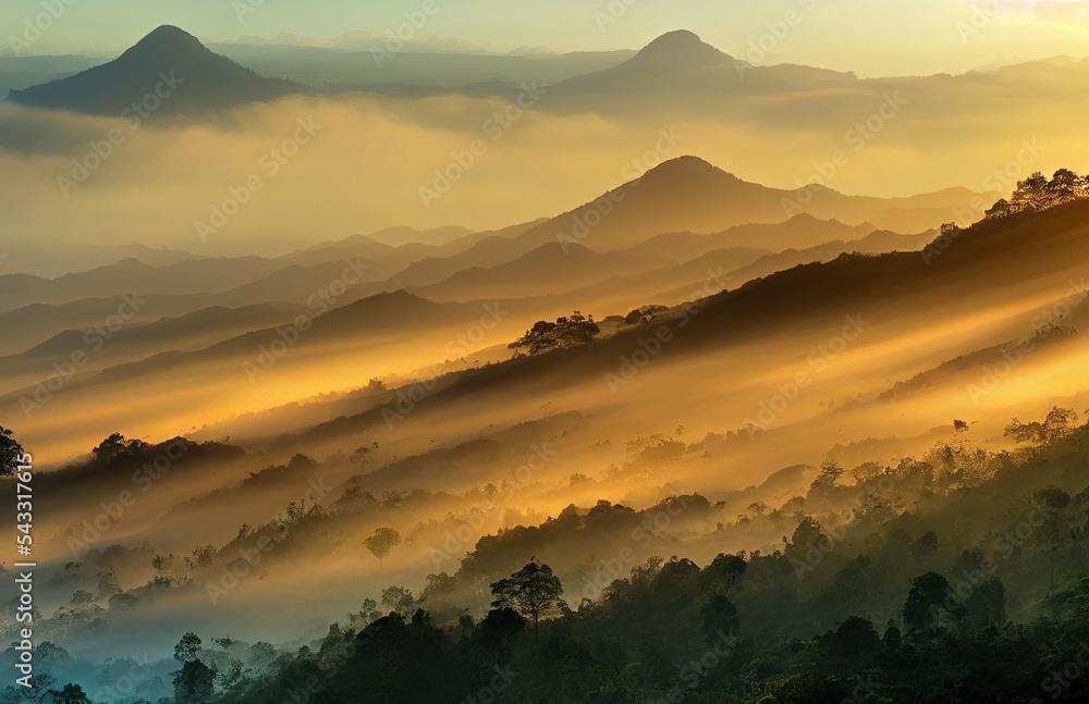 Beautiful Landscape of mountain layer in morning sun ray and winter fog at Doi Hua Mae Kham, Mae Sal