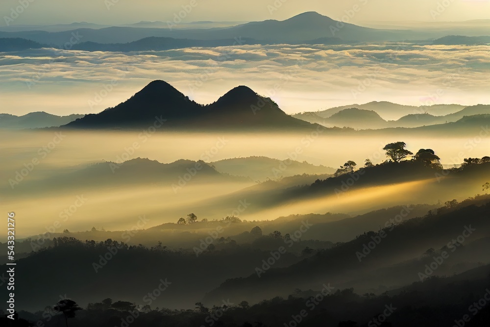 Mae Sal Doi Hua Mae Kham清晨阳光和冬季雾中的山脉美丽景观