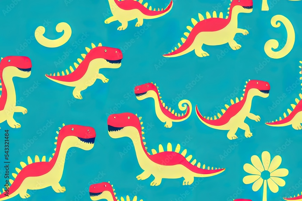 Bright cool seamless pattern with dinosaur on a surfboard. Summer background with t rex.For textile,