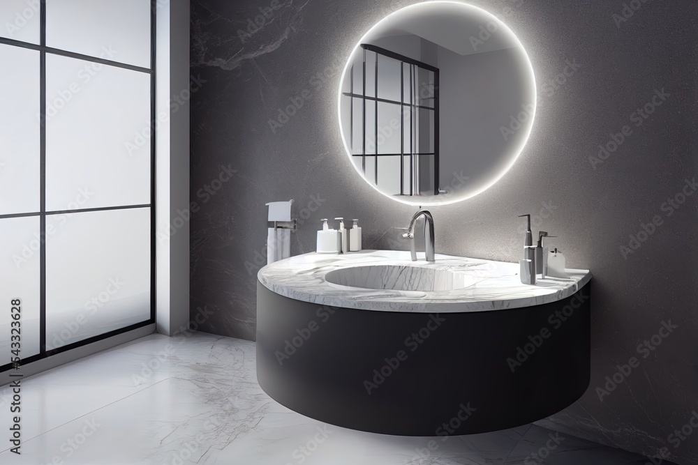 Realistic 3D rendering background, a modern white vanity unit in the bathroom with mirror and round 