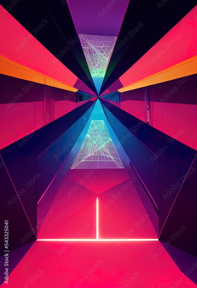 A 3d rendering of a futuristic kaleidoscope hallway towards a portal with colorful neon lights