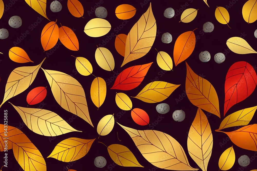 Seamless pattern with autumn leaves and berries. 2d illustrated graphics.