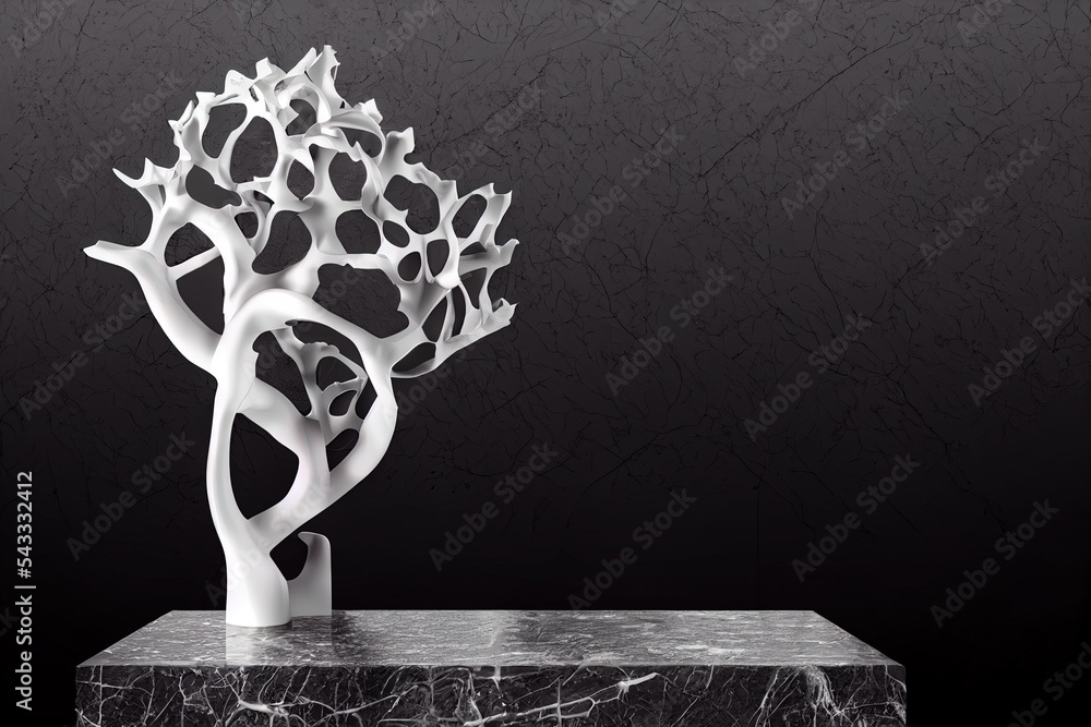 Black stone pedestal background presentation 3d stage podium of abstract nature tree branch leaf or 