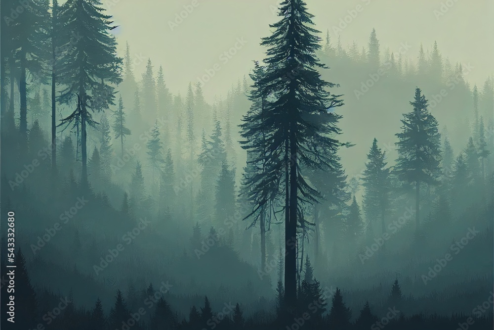 Misty landscape with fir forest in hipster vintage retro style