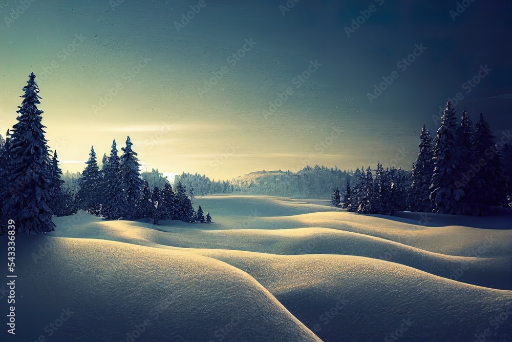 抽象的冬季景观场景背景。超现实场景。三维渲染。