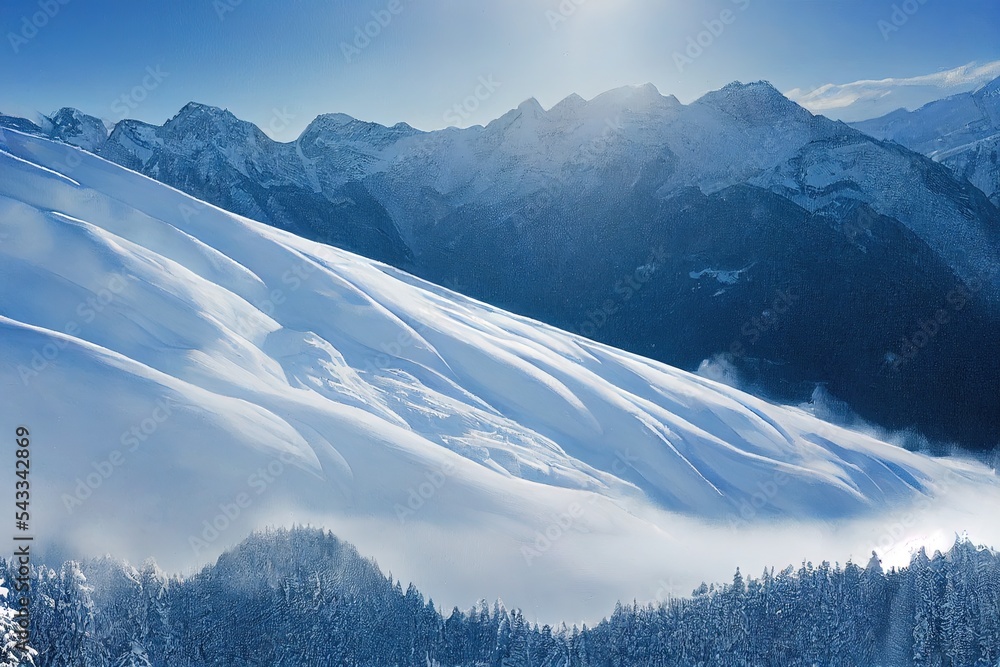 冬季阿尔卑斯山，奥地利梅尔霍芬蒂罗尔的Zillertal Arena滑雪场云雾中的风景。A