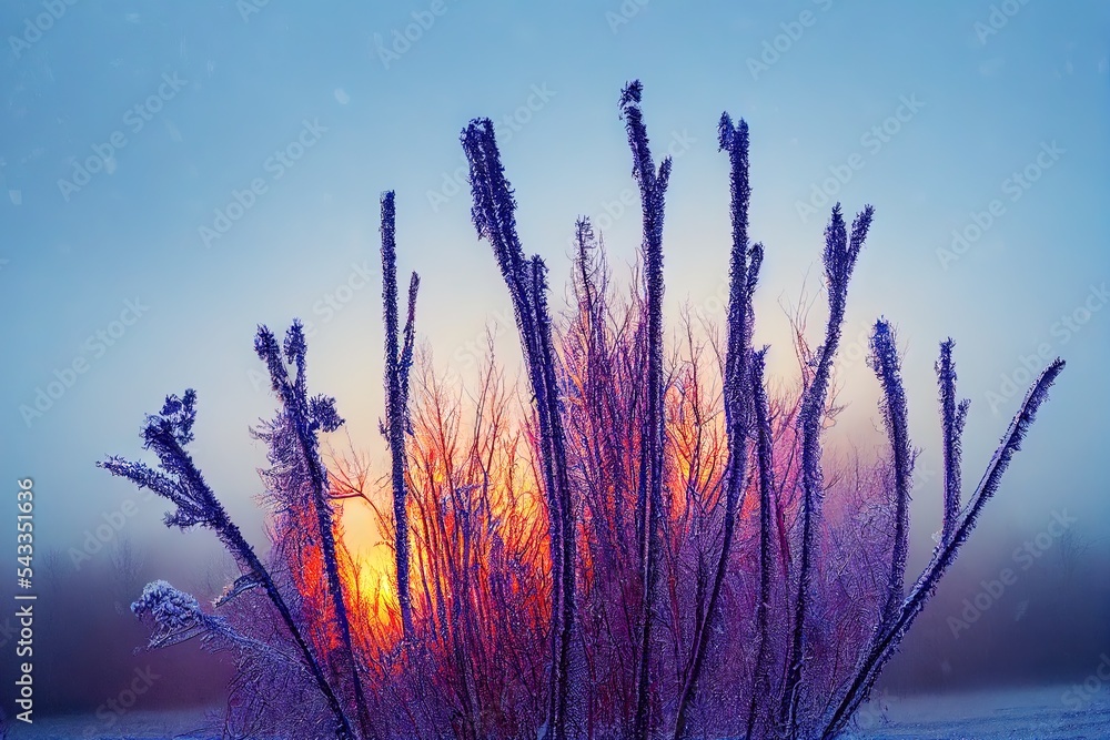 霜冻的冬天早晨，在雾中，树枝上结满了霜。斯维特洛耶Lebedinyj天鹅自然保护区