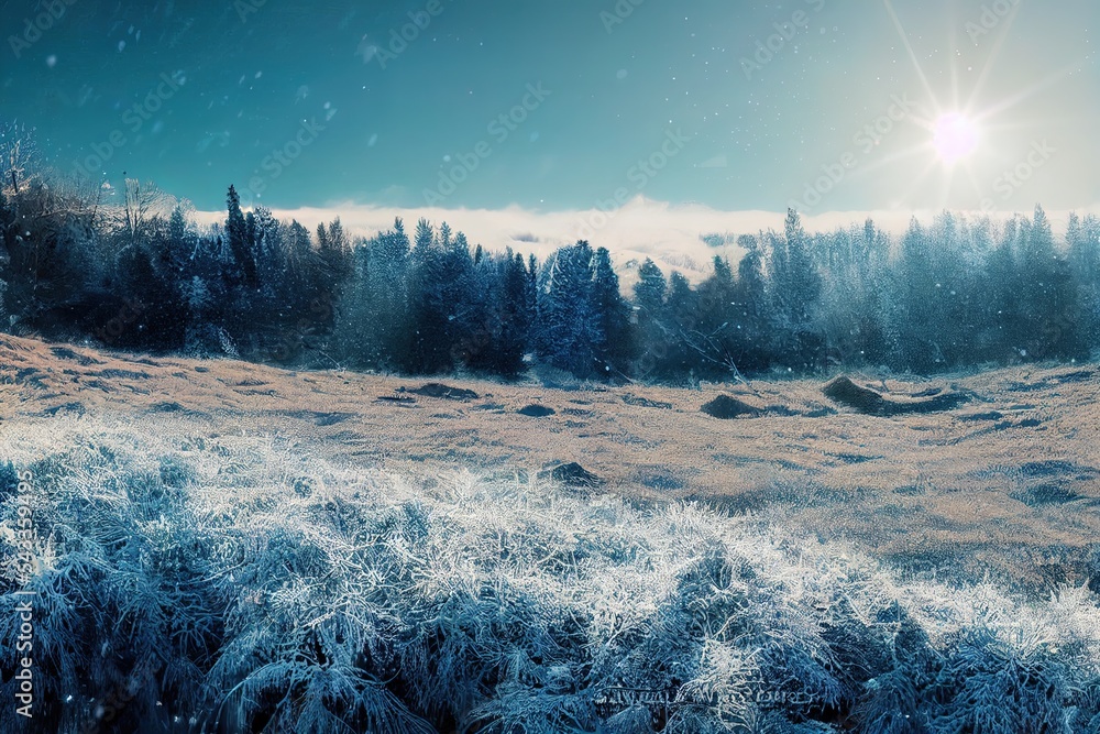 冬季大气景观，降雪期间霜冻覆盖的干燥植物。冬季圣诞节背景