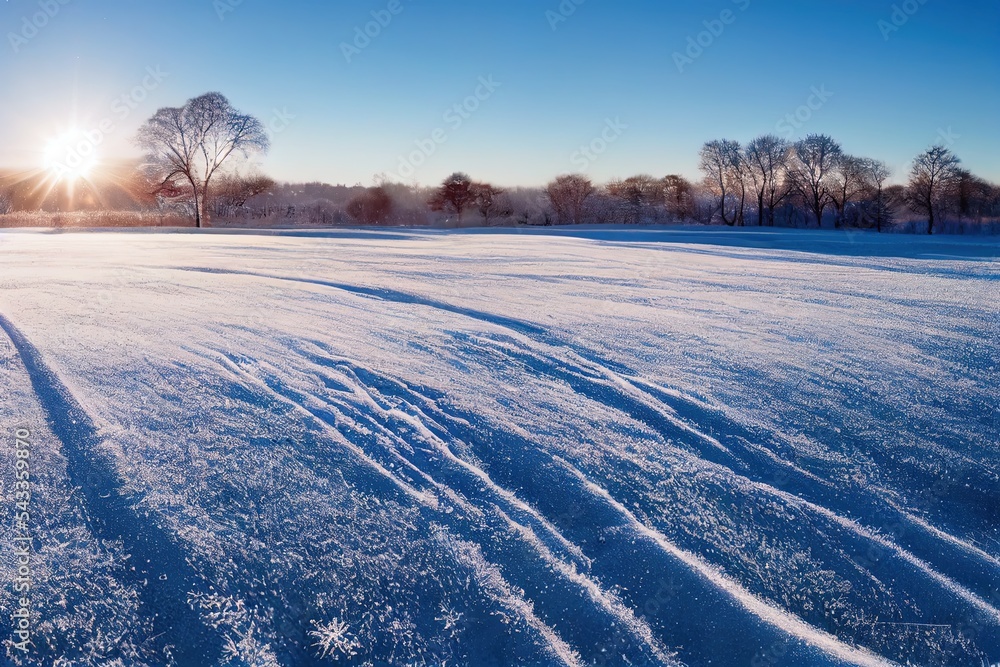 冬季景观，田野白雪皑皑，天空湛蓝，绿草如茵，白雪覆盖