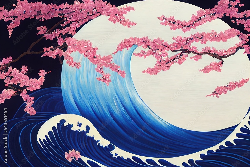 The picture shows the moon blooming sakura and a blue wave. There is white foam at the tip of the wa