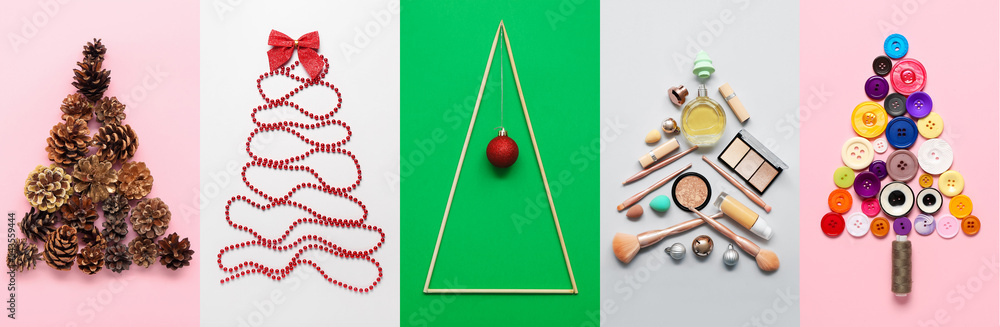 Set of different creative Christmas trees on colorful background