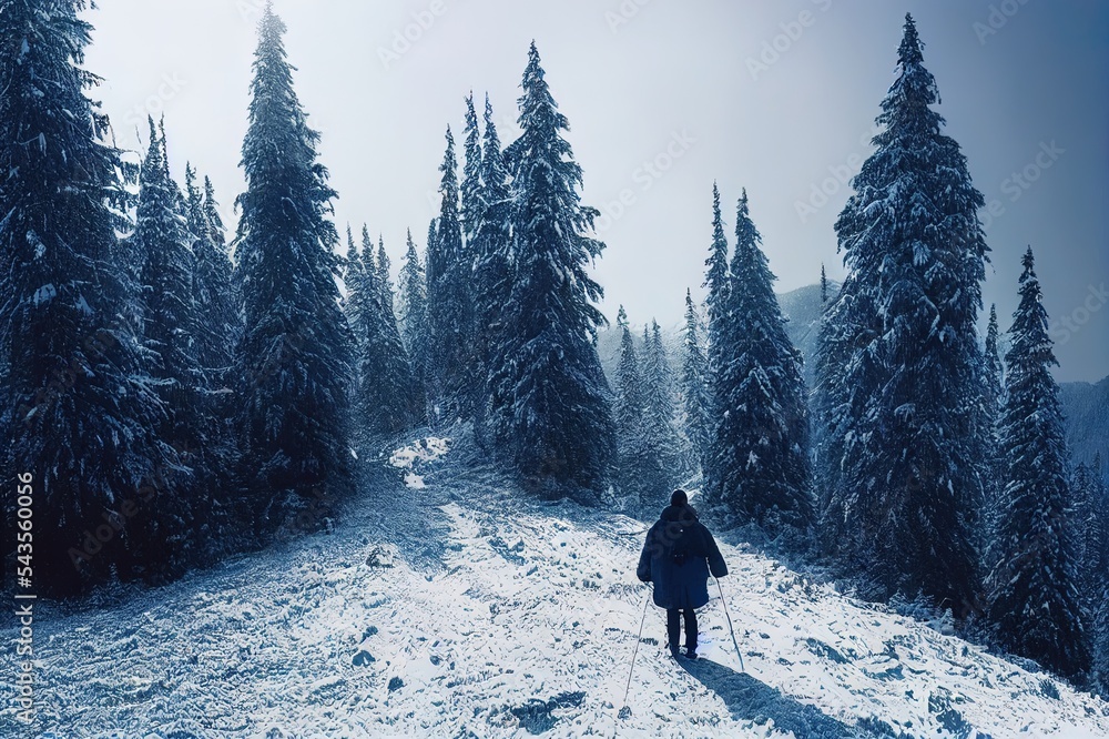 冬季山冷杉林雪地全景和女性游客（奥地利帕帕热诺·巴恩-菲尔兹莫斯山顶）