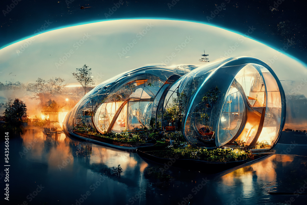 Space expansion concept of human settlement in alien world with green plant as proof of life in spac