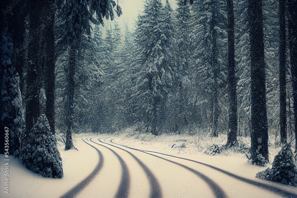 冬天雪地路蜿蜒穿过森林