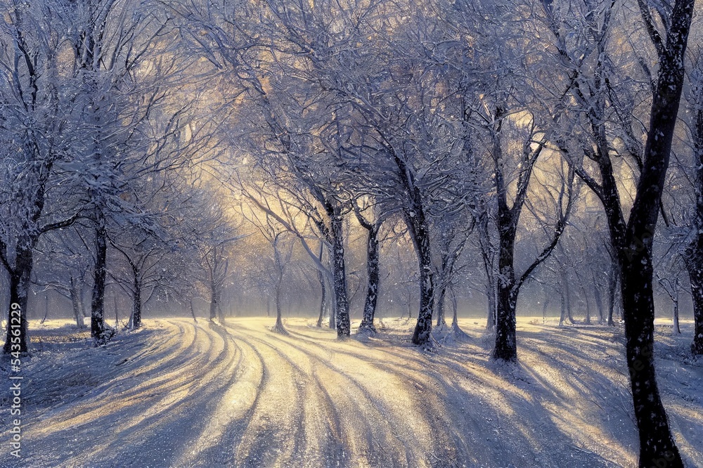 Hoarfrost覆盖的树木大道，穿过白雪覆盖的景观的乡村小路