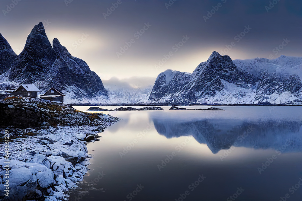 冬天夜晚，独自一人在海边和白雪皑皑的山上。挪威罗弗敦群岛。陆地