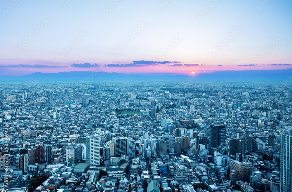 日落时分，摩天大楼高耸在日本东京西新宿的城市景观上