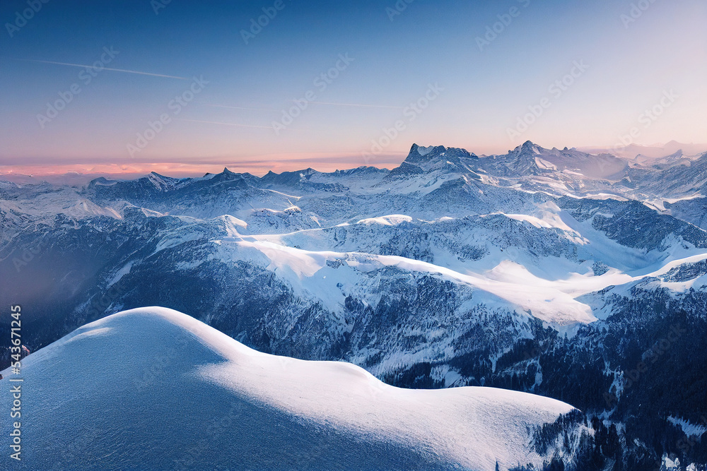 无人机拍摄的雪山鸟瞰图，展示冬季山脉壮观的高山景观