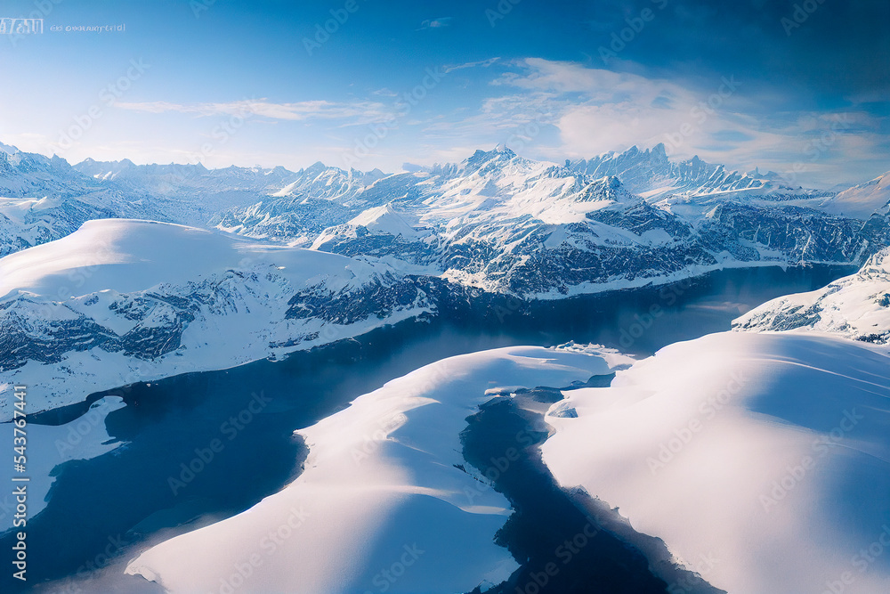 无人机拍摄的雪山鸟瞰图，展示了冬季山脉壮观的高山景观