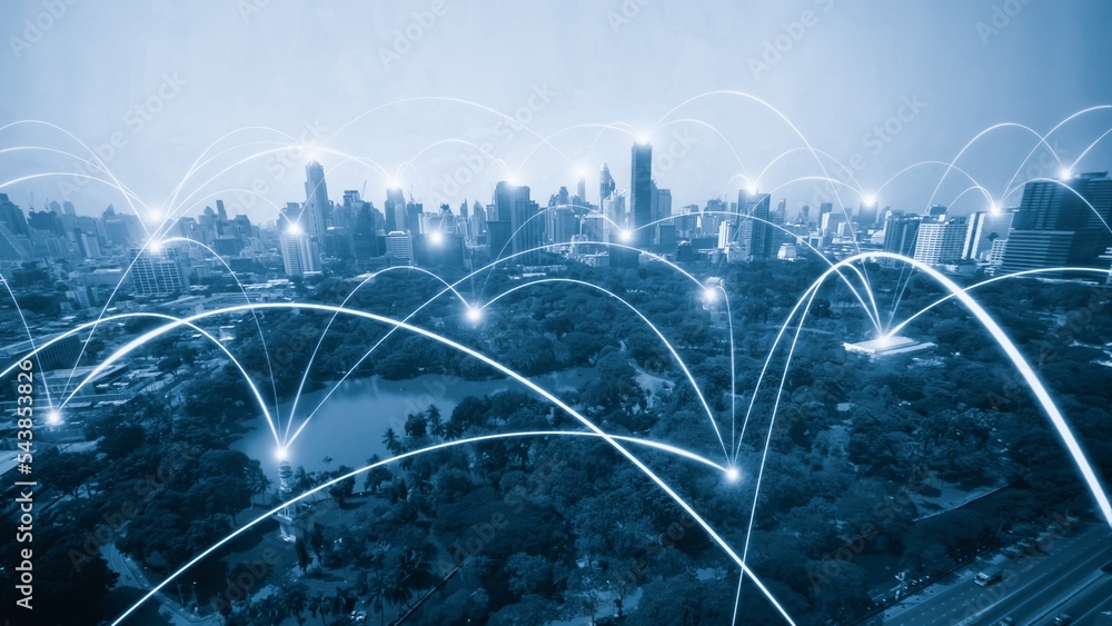 Smart digital city with connection network reciprocity over the cityscape . Concept of future smart 