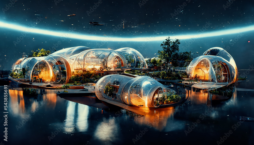 Space expansion concept of human settlement in alien world with green plant as proof of life in spac