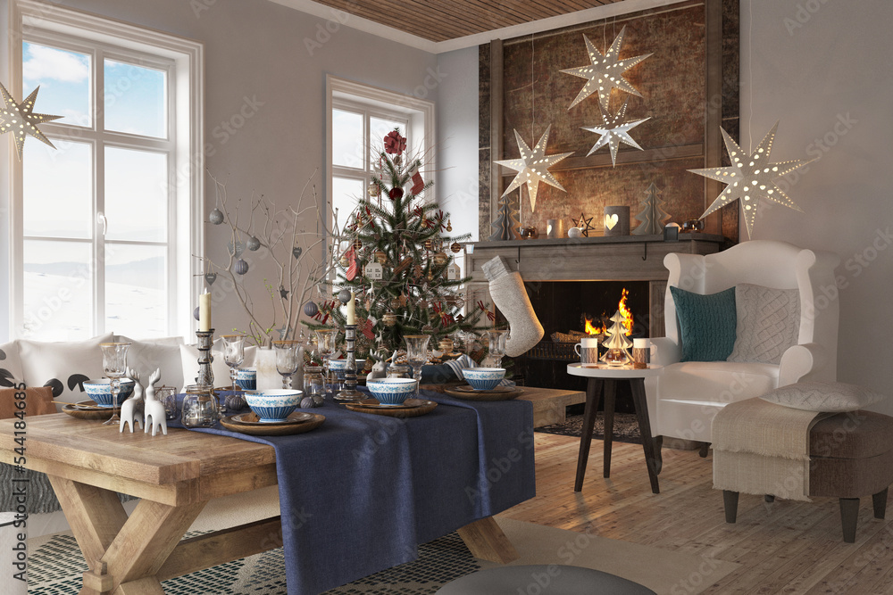 New year tree in scandinavian style interior with christmas decoration. 3D Render	