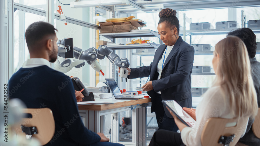 Multi-Ethnic Office, Conference Room. Female Developer does Presentation for Group of Scientists, Us