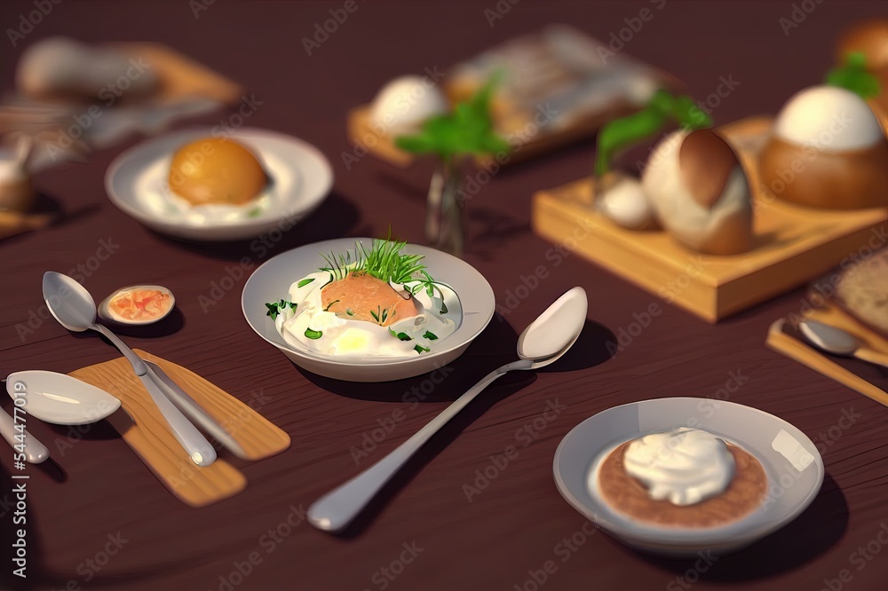 3d illustration of lunch, with mushroom soup, black bread and sour cream, with a tablecloth on a woo