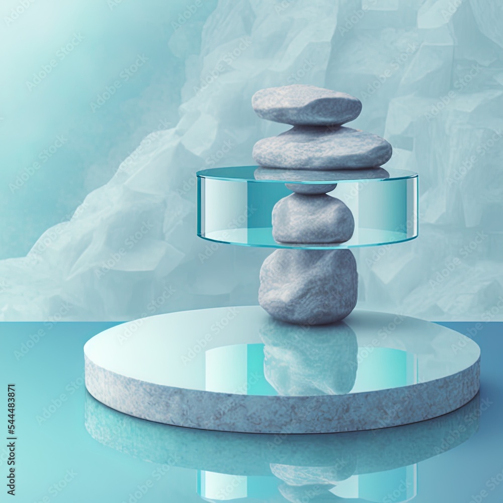 Stone podium on blue water glass background. Concept of shop product or cosmetic display stands, ski