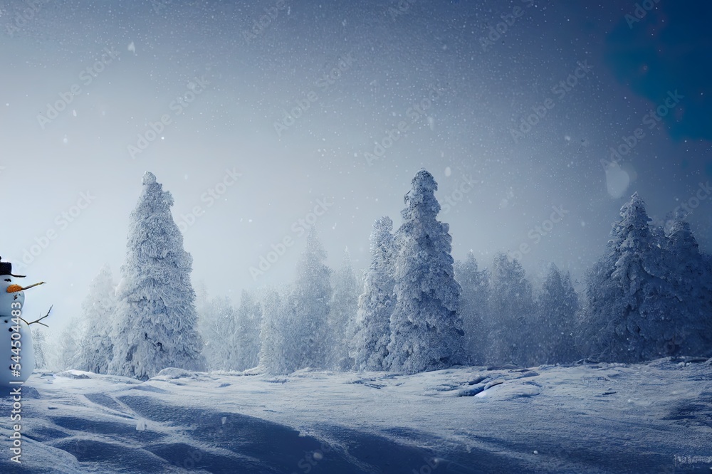 Snowy environment with snowman 3d render