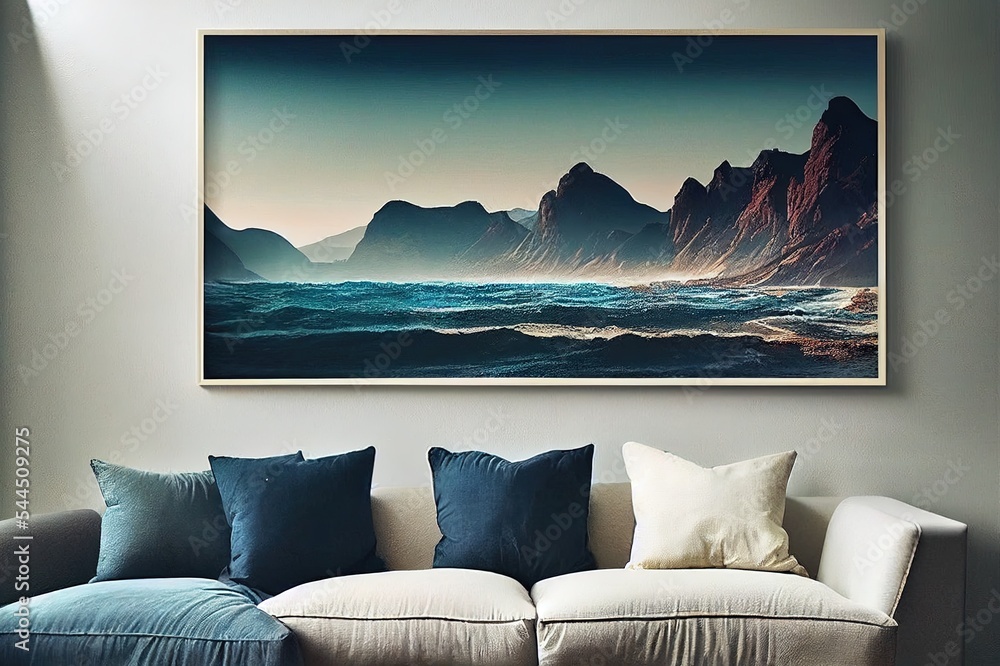 Beautiful natural scenery rock mountains and ocean, minimal art landscape, mountain wall art, abstra