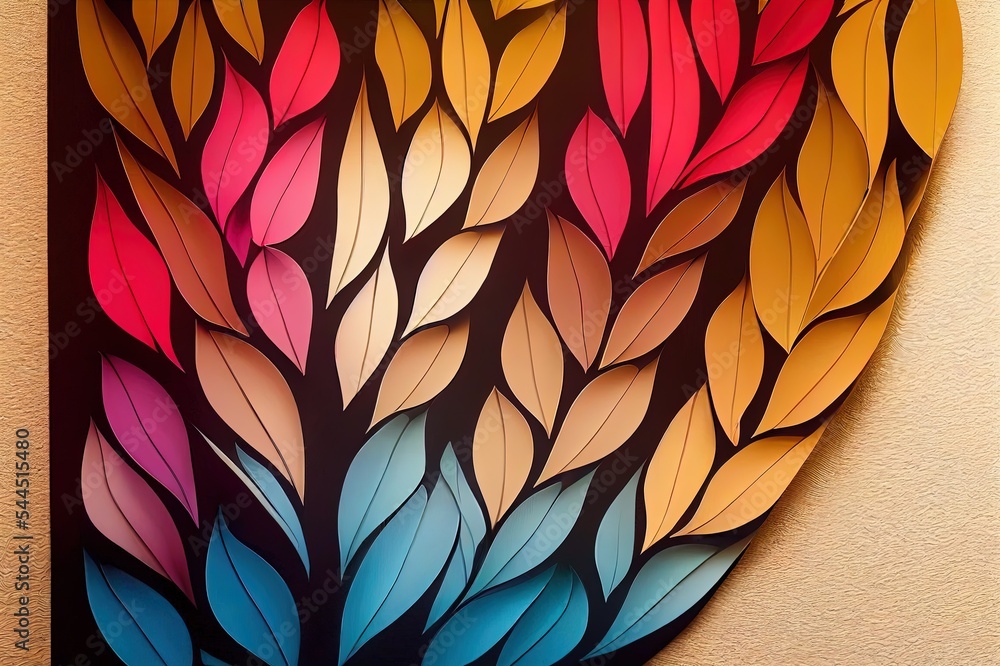 3d wall frame art. Drawing black background golden waves shapes, turquoise and red tree leaf, feathe