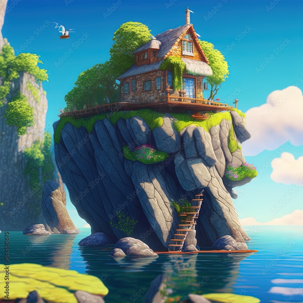 cartoon nature with sea and green house