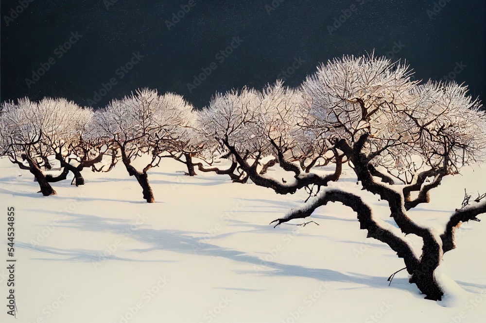 雪中枯枝，冬季自然。