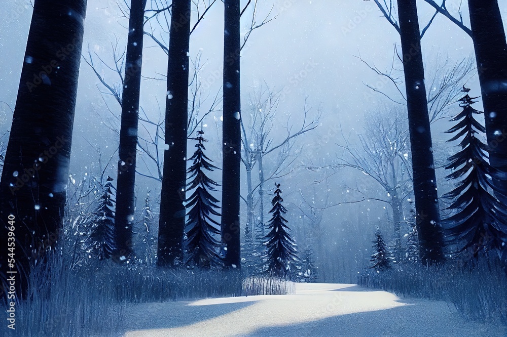 snow falling in winter landscape with trees in forest