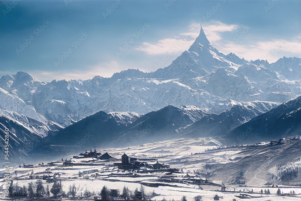 上斯瓦内高加索山脉梅斯蒂亚被雪覆盖的中世纪塔楼全景