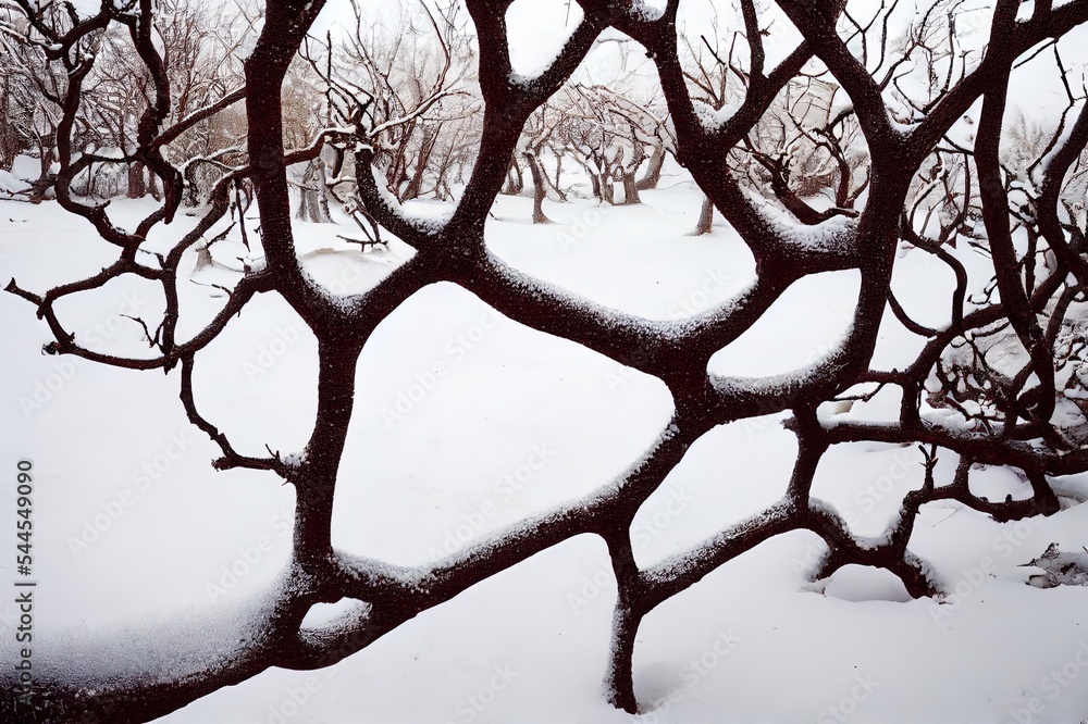 雪中干枯的树枝，冬天的自然。