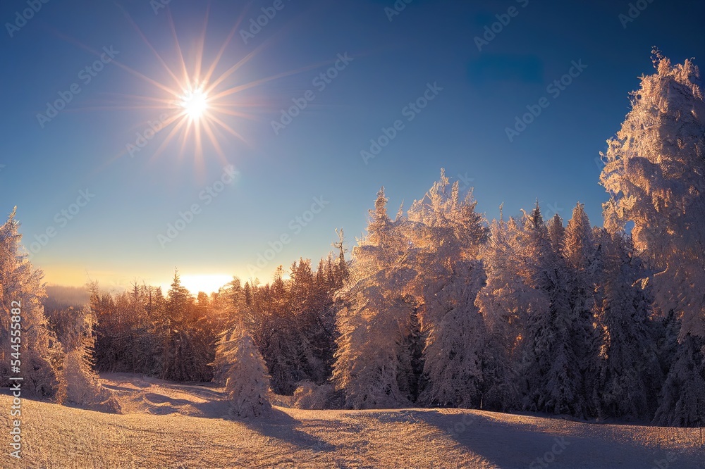 多布拉奇自然公园神奇的白色冬日阳光，没有被雪和霜冻覆盖的松树，