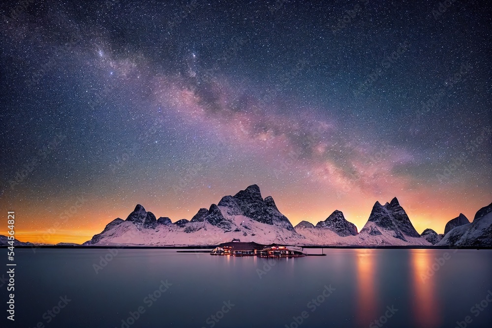 海上海岸上空的银河，白雪皑皑的山脉，村庄，罗弗敦冬季夜晚的红色罗布