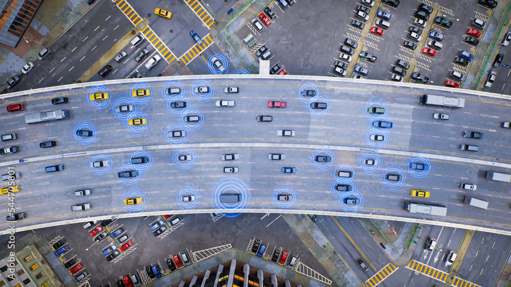 城市街道上的自动驾驶运动车，3d渲染