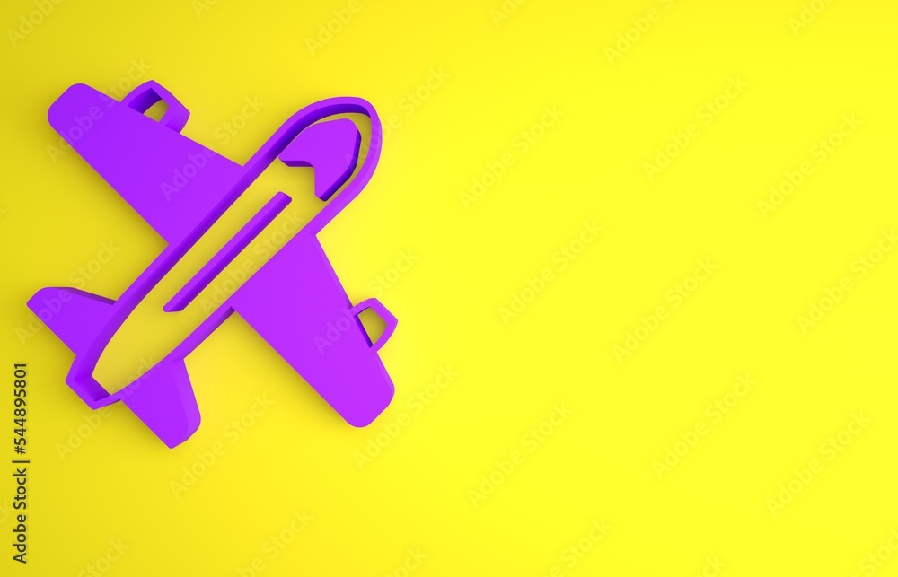 Purple Plane icon isolated on yellow background. Flying airplane icon. Airliner sign. Minimalism con