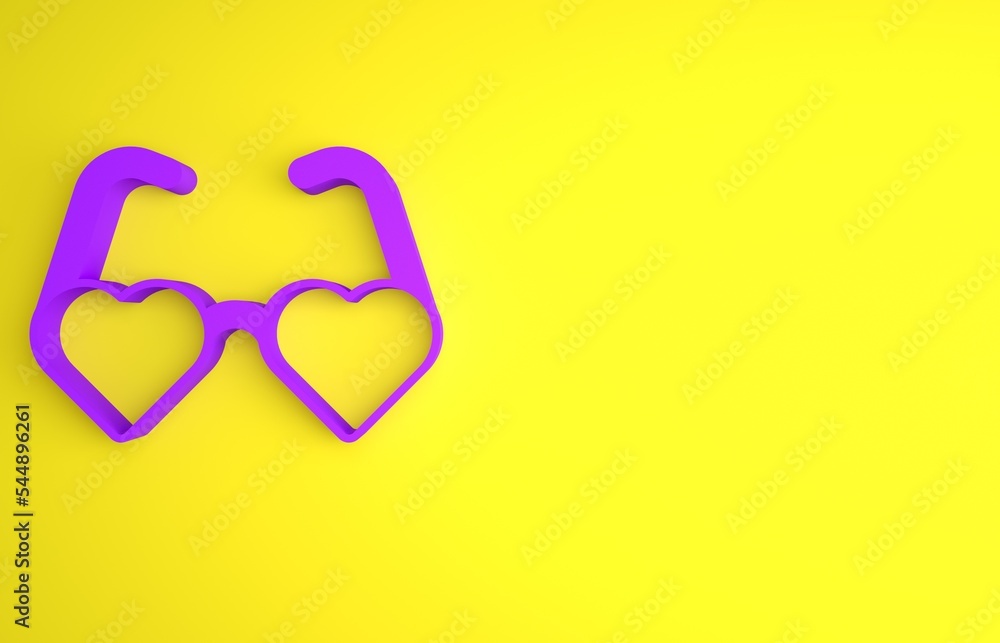 Purple Heart shaped love glasses icon isolated on yellow background. Suitable for Valentine day card