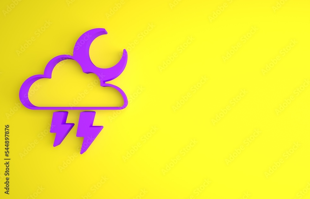 Purple Storm icon isolated on yellow background. Cloud with lightning and moon sign. Weather icon of