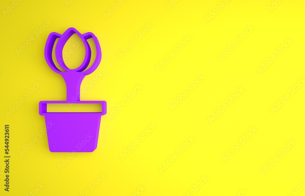 Purple Flower tulip in pot icon isolated on yellow background. Plant growing in a pot. Potted plant 